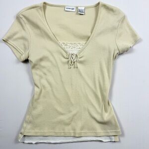 Y2K Energie Cream Ribbed V-Neck Lace Cami Faux Layered Look Baby Tee- Size Large